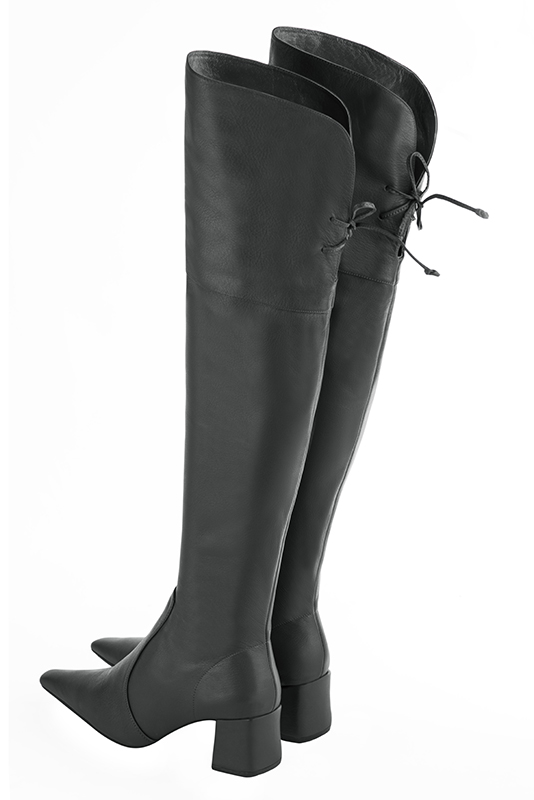 Dark grey women's leather thigh-high boots. Tapered toe. Medium block heels. Made to measure. Rear view - Florence KOOIJMAN